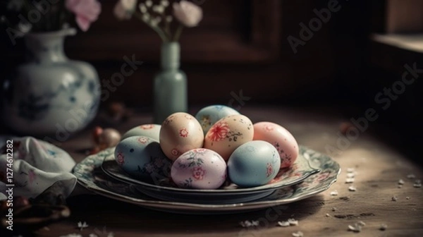 Fototapeta An atmospheric vintage composition featuring hand-painted Easter eggs in soft pastel tones. The wooden table is sprinkled with flower petals, creating a romantic and warm ambiance.