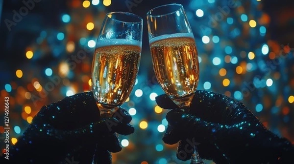 Obraz Gloved hands holding up Champagne glasses in a New Yeara??s Eve toast against bright lights