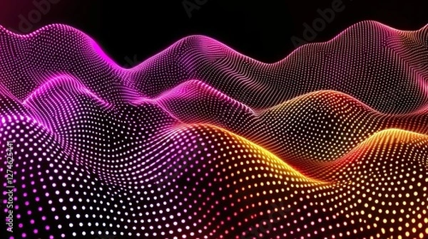 Fototapeta Data technology depicted through an abstract futuristic design, featuring a wave of connecting dots and lines on a dark background