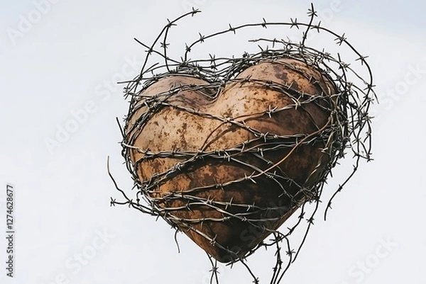 Fototapeta A rusty heart entangled in barbed wire: a poignant sculpture symbolizing struggle and resilience.