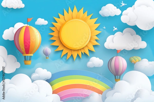 Fototapeta Sfondo per bambini con arcobaleno, sole, nuvole e mongolfiere. 