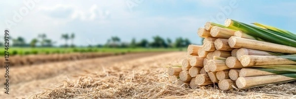 Obraz Freshly cut sugarcane stalks rest on the ground showcasing their vibrant color against a backdrop of softly blurred sugarcane fields and a bright sky inviting a sense of warmth and natural beauty