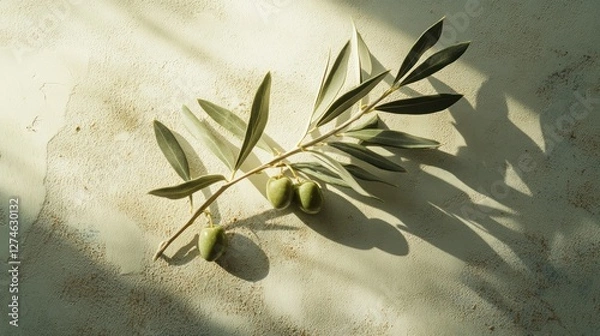 Fototapeta A single olive branch adorned with a few fresh olives rests on a blank surface illuminated by soft lighting that creates minimal shadows allowing ample copy space for creative designs