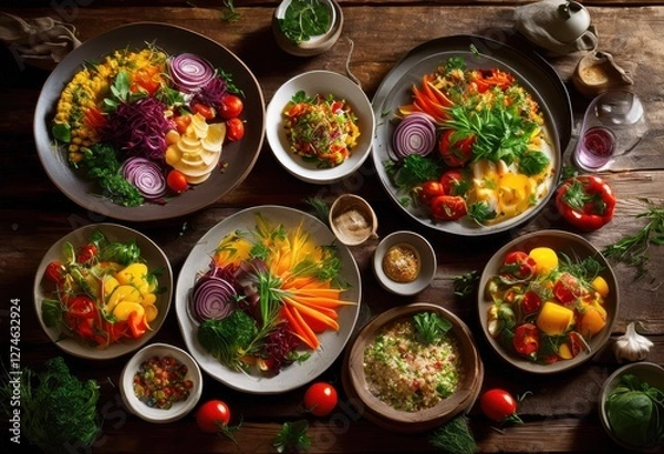 Obraz vibrant artfully arranged colorful plated food showcase assorted ingredients beautiful presentation elements, appetizing, arrangement, artistry, banquet