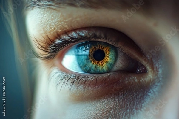 Fototapeta Close-up of human eye showing detailed structure and vivid yellow iris color.