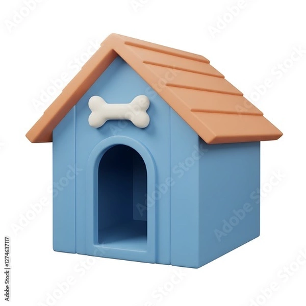 Fototapeta This whimsical 3D dog house has a blue base, a purple roof, and a front bone decoration. Placed on a flat surface with a grassy green backdrop, it exudes a playful and imaginative vibe
