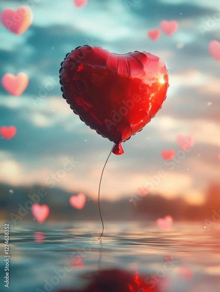 Obraz Romantic heart balloon rising over reflective water