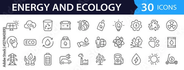 Obraz Green energy set of web icons in line style. Ecology icons for web and mobile app. Solar panel, recycle, eco, green electricity, nature, bio, power, water, power and more. Editable stroke