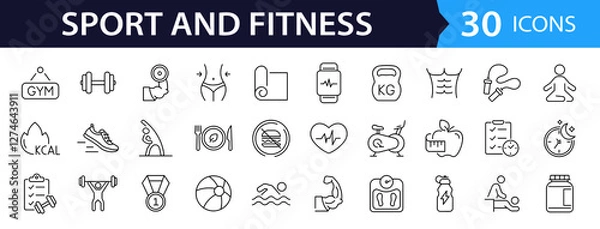 Obraz Sport and Fitness set of web icons in line style. Gym and fitness icons for web and mobile app. Healthy lifestyle, exercise, diet, nutrition, weight training, body care, workout. Editable stroke
