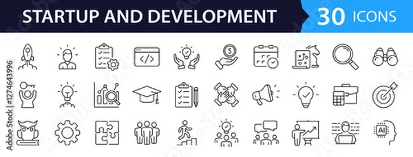 Fototapeta Startup and development set of web icons in line style. Development icons for web and mobile app. Containing Business, concept, idea, strategy, innovation, vision, marketing, startup and more