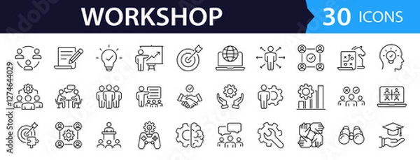 Obraz Workshop set of web icons in line style. Business Workshop icons for web and mobile app. Containing team building, teamwork, coaching, meeting, managing, coaching, motivation and more