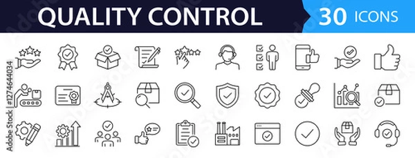 Obraz Quality control set of web icons in line style. Quality Check computing icons for web and mobile app. Containing inspection, evaluation, production, quality assurance, certificate, testing and more