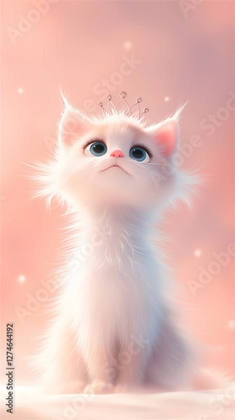 Obraz A fluffy white cat wearing an adorable crown on its head looks up enthusiastically is gracefully sitting on a soft, inviting bed, looking quite regal. Cute illustration