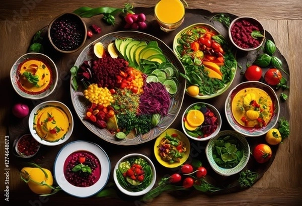 Obraz vibrant vegan dishes set colorful backgrounds displaying bright fresh artistic arrangement, rainbow, lgbtq, lgbt, pride, love, equality, vegetables, fruits