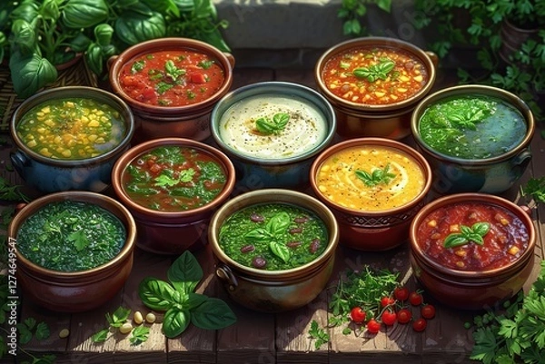Fototapeta A beautiful display of assorted vegetable soups, full of color and flavor
