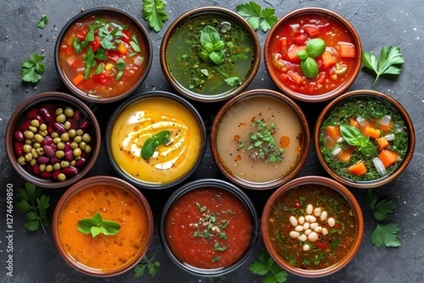 Fototapeta An artistic portrayal of various hearty vegetable soups, rich in texture