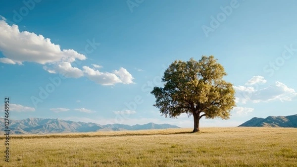 Fototapeta Lone tree in vast grassy field with mountains background under clear sky