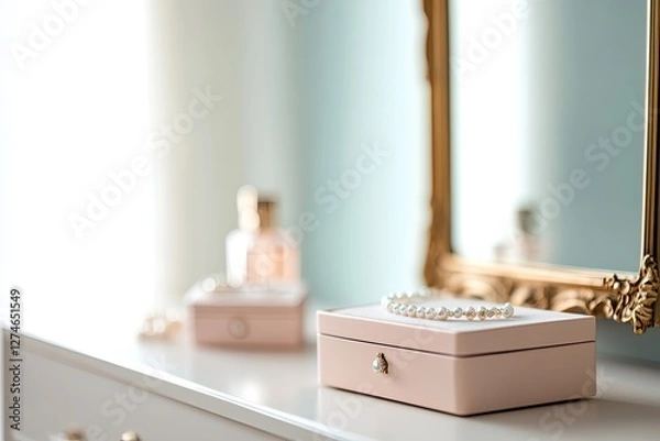 Obraz Elegant vanity setup featuring soft pink jewelry box and luxurio