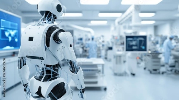 Obraz Advanced robot in high-tech lab thinking, researching AI, and future technology