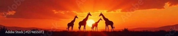 Obraz A group of giraffes standing together, silhouetted against a fiery orange sky at sunset , savannah, herd, landscape