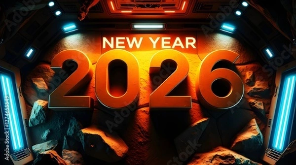 Fototapeta Realistic Happy New Year 2026 Celebration with Bold Text on 100 Percent Pure White Wall in Modern Minimalist Style