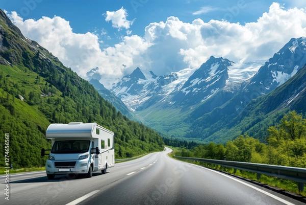 Obraz Scenic mountain highway with modern camper motorhome on sunny summer day