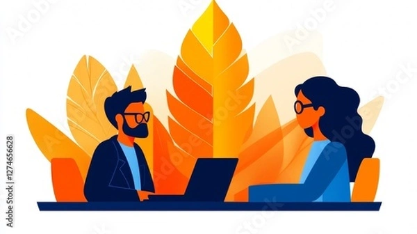 Obraz A man and woman in a business meeting, discussing ideas over a laptop. Warm, collaborative atmosphere.