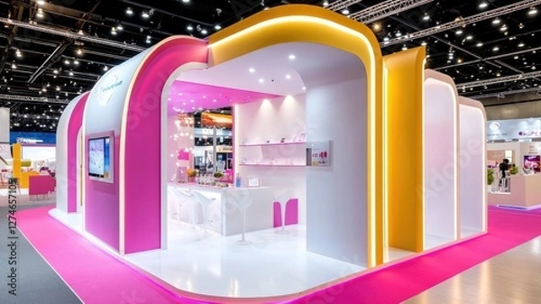 Obraz Vibrant exhibition booth with modern design and colorful lighting at trade show