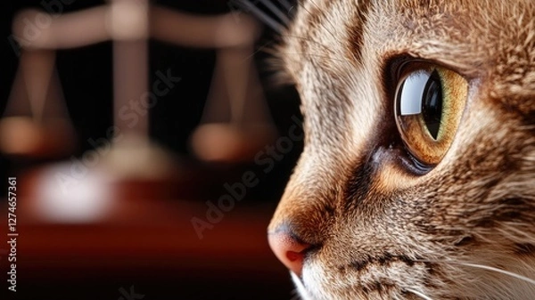 Obraz Close-up of cat's face with scales justice in background