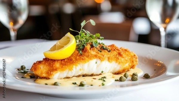 Obraz Crispy golden fish fillet with lemon slice, served on white plate, garnished capers and microgreens