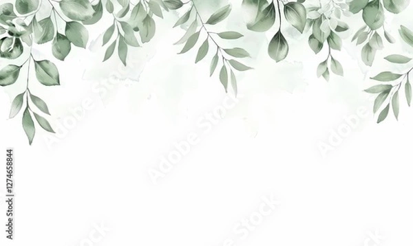 Fototapeta Foliage hanging on the top for greeting card use. Watercolor background