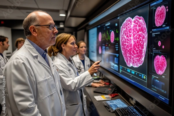 Fototapeta modern cancer awareness seminar in a high-tech conference room, doctors and researchers presenting educational slides on early detection and risk factors