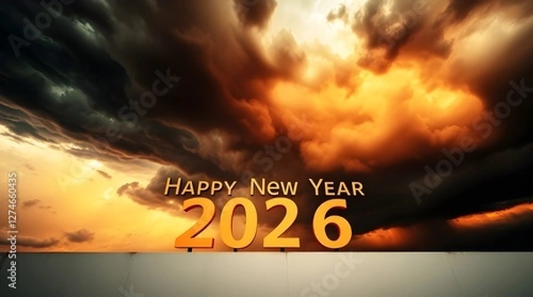 Obraz Realistic Happy New Year 2026 Celebration with Bold Text on 100 Percent Pure White Wall in Modern Minimalist Style
