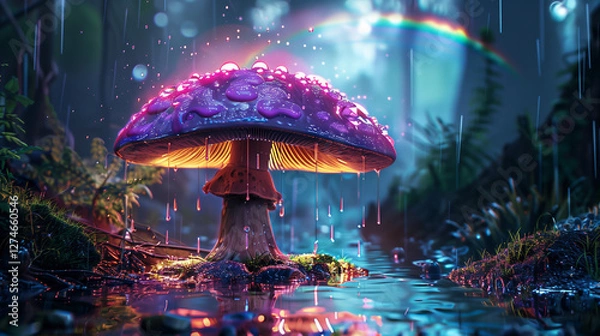 Fototapeta Illuminated fantasy mushroom in a mystical forest under rainfall.