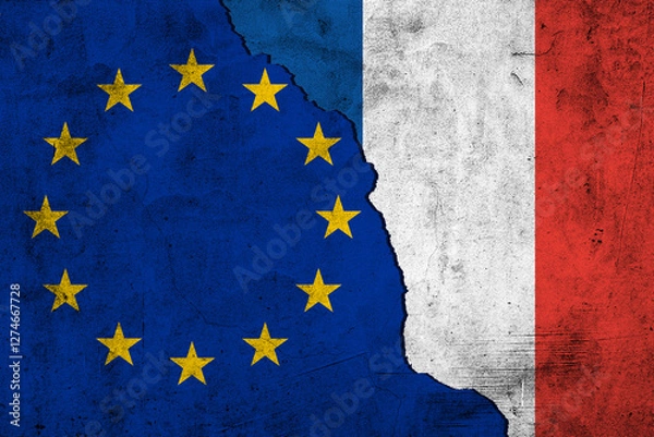 Fototapeta Big waving realistic national colorful flag of european union and national flag of france on a euro money banknotes background. finance concept.