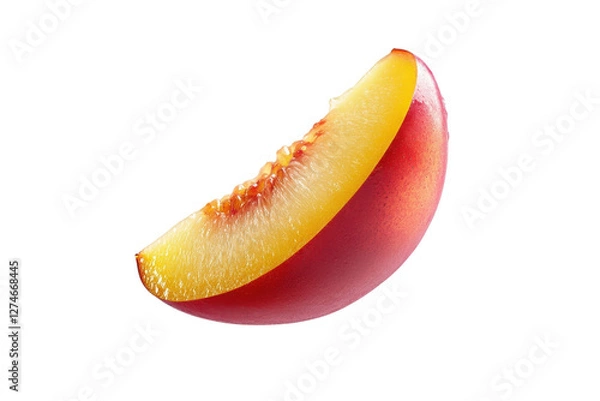 Obraz A vibrant slice of peach hovering gracefully against a bright, minimalist background isolated on transparent background