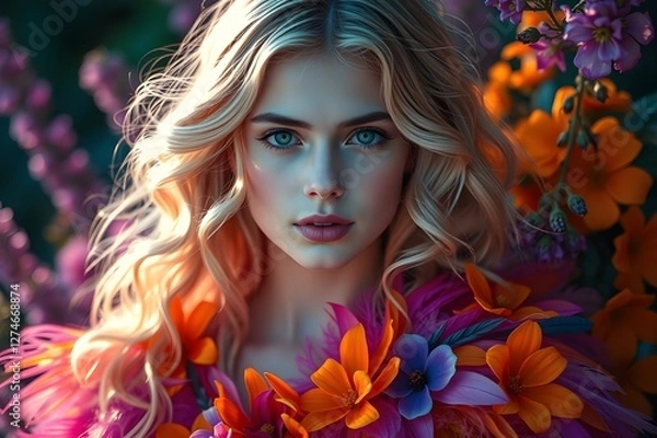 Fototapeta Behold, a wondrous and ethereal tableau unfolds before your very eyes - a mystical woodland, resplendent with resplendent hues, luminescent flora, and otherworldly beings