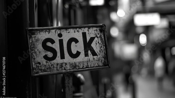 Fototapeta Worn Metal Sign Displaying the Word "Sick" in Gritty Urban Environment with High Contrast Lighting and Blurred Background
