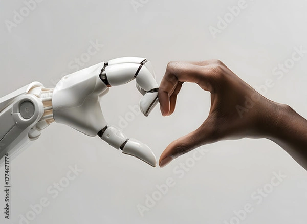 Obraz A white ai robot hand and a black human hand come together to form the shape of a heart. Heart shaped by human and ai robot hands. Isolated on light grey background.