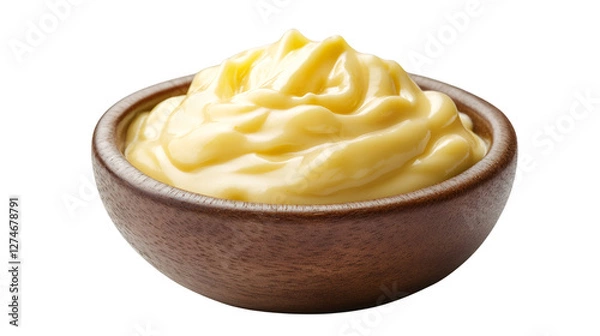 Fototapeta Ceramic bowl holding creamy mayonnaise, displaying silky white texture with clean transparent backdrop, highlighting smooth condiment surface