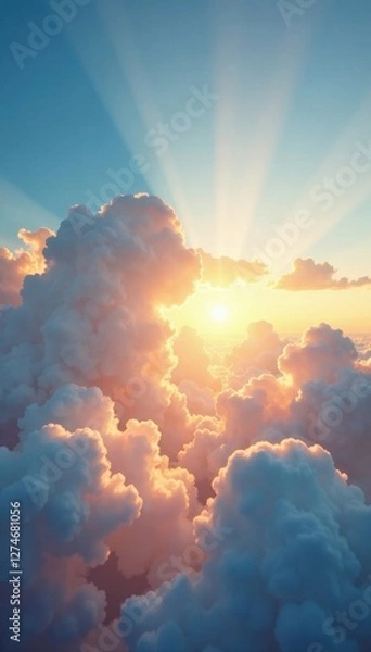 Obraz Clouds and sunbeams in a gentle sky , sunlight, peaceful, clouds