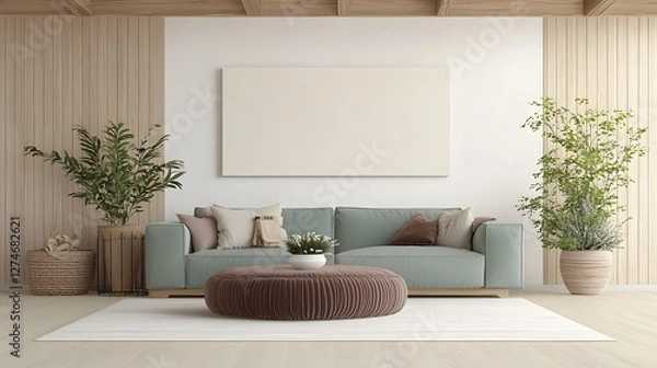 Fototapeta Elegant and serene contemporary living room with a mint green sofa as the focal point set against a crisp white wall