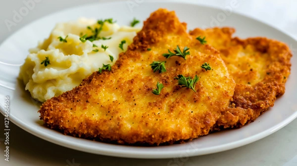 Obraz A white plate topped with mashed potatoes and breaded chicken