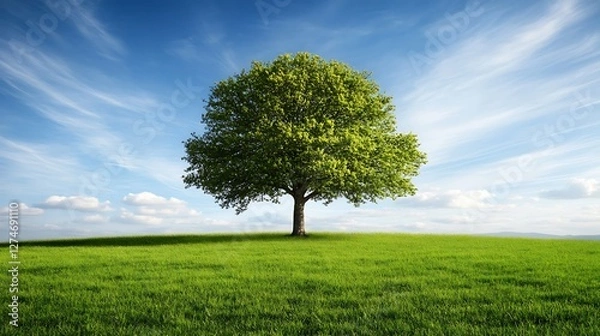 Obraz Solitary Tree on a Verdant Hill Under a Blue Sky
