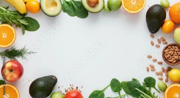 Fototapeta Fresh fruits and vegetables arranged in frame around white background