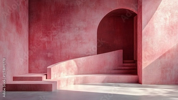 Fototapeta Curved pastel pink podium with soft lighting and shadows, abstract geometry