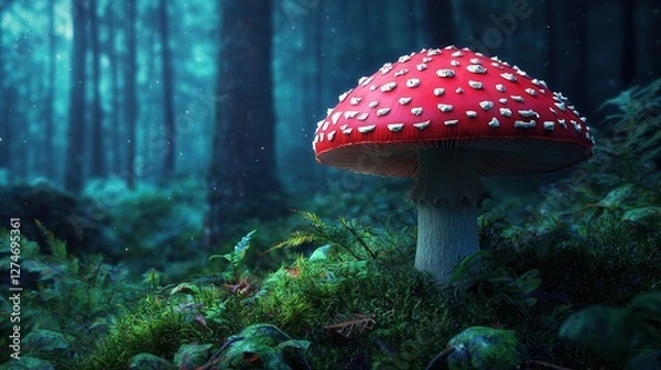 Obraz Mushroom growth in enchanted forest nature's vibrant red fungus ambient light surreal environment