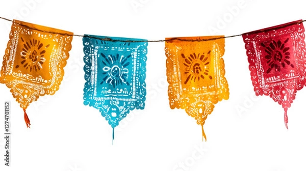 Fototapeta Vibrant papel picado flags strung together, casting colorful shadows with translucent backdrop