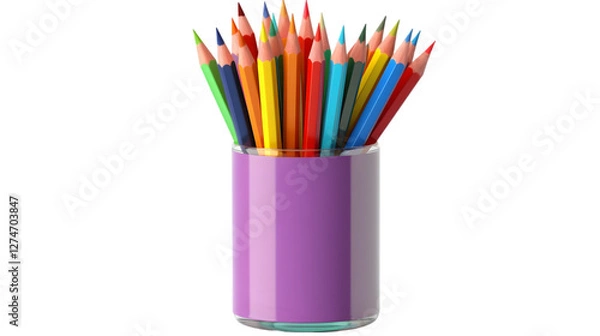 Fototapeta A collection of multicolored wooden pencils arranged in a stylish purple pencil holder, isolated on a white background.
