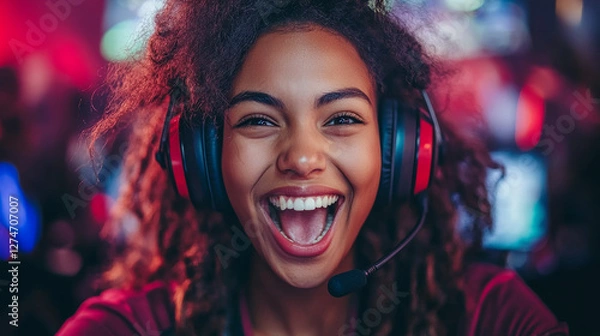 Obraz Black Female Gamer Celebrating Victory